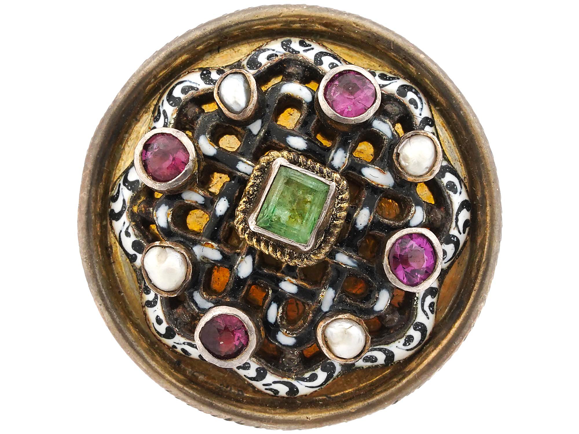 14K GOLD ENAMEL PEARL AND GEM STONES JEWELRY RING PIC-0